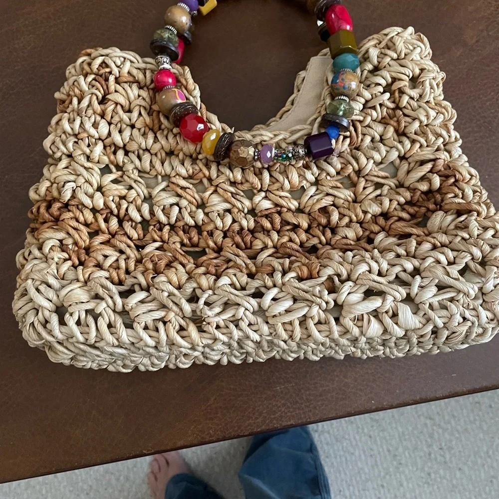 Capelli Strawworld Woven Beige Purse with Bohemian Beaded Handle, Island Living.